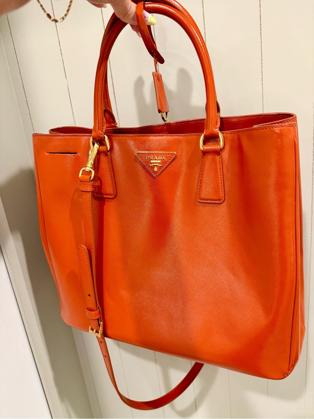 Prada Bright Orange Saffiano Leather Tote with Gold Hardware